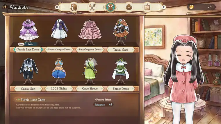 Wardrobe screen with eight outfits and a dress bonus