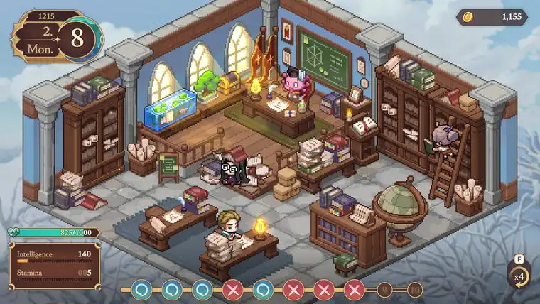Academy lesson scene with Intelligence and Stamina bars